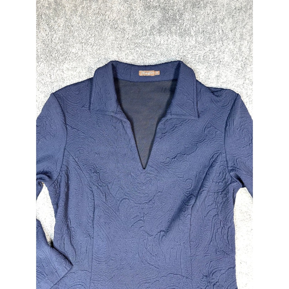 J McLaughlin Textured Catalyst Dress XS Navy Blue v neck collared Midi - Picture 8 of 8